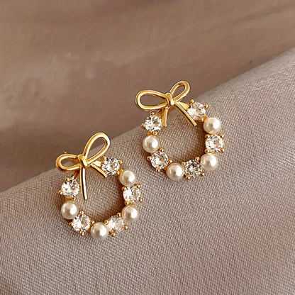 Tiny Delicate Bow With Wreath Design Stud Earrings