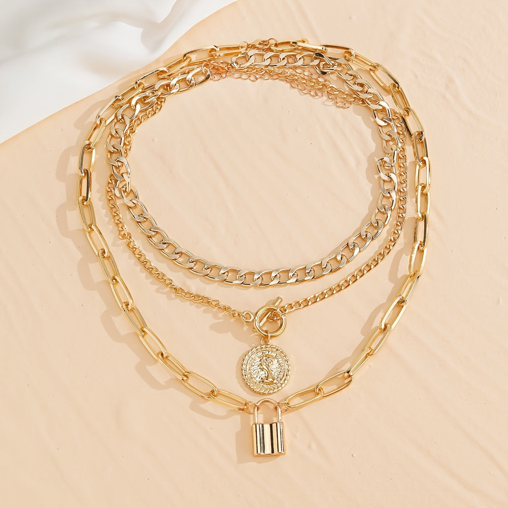 3pcs/Set Vintage Golden Coin Pendant Necklace Stackable Cuban Chain Necklace Women's Jewelry