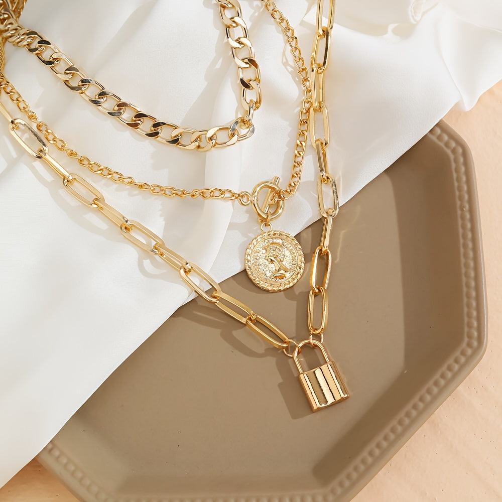 3pcs/Set Vintage Golden Coin Pendant Necklace Stackable Cuban Chain Necklace Women's Jewelry