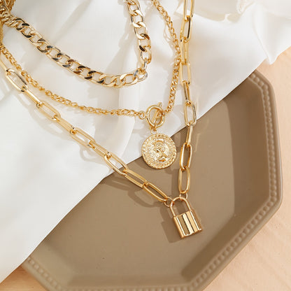 3pcs/Set Vintage Golden Coin Pendant Necklace Stackable Cuban Chain Necklace Women's Jewelry
