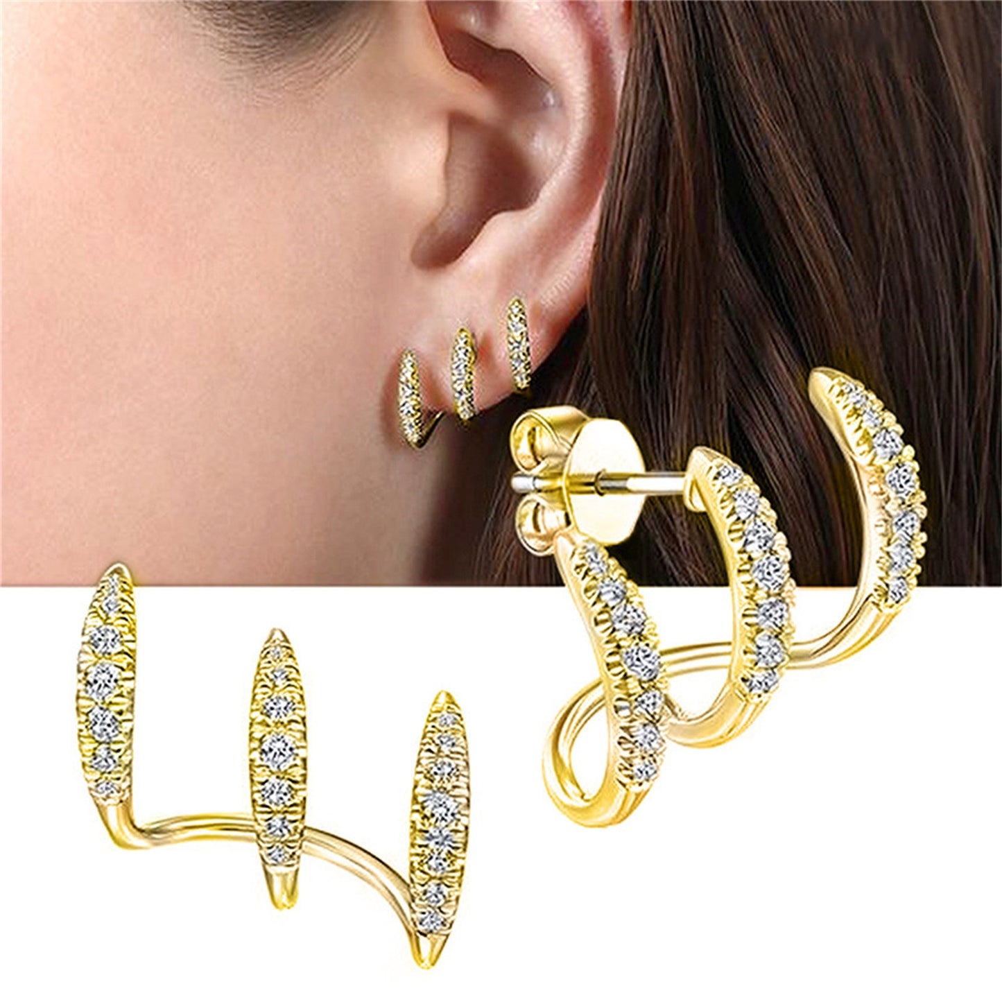 Minimalist Design Earrings, Three-layer Curved Ear Stud
