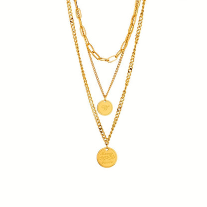 1pc Men's Stainless Steel 3-Layer Circular Letter Pattern Coin Pendant Necklace