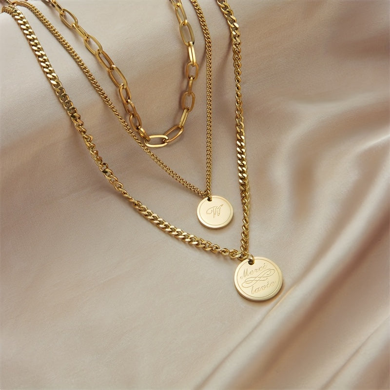 1pc Men's Stainless Steel 3-Layer Circular Letter Pattern Coin Pendant Necklace