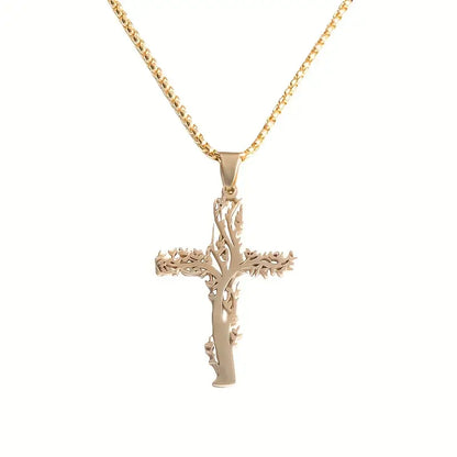 Creative Cross Shape Branch Tree Of Life Design Pendant Stainless Steel Necklace 18K Gold Plated Neck Jewelry