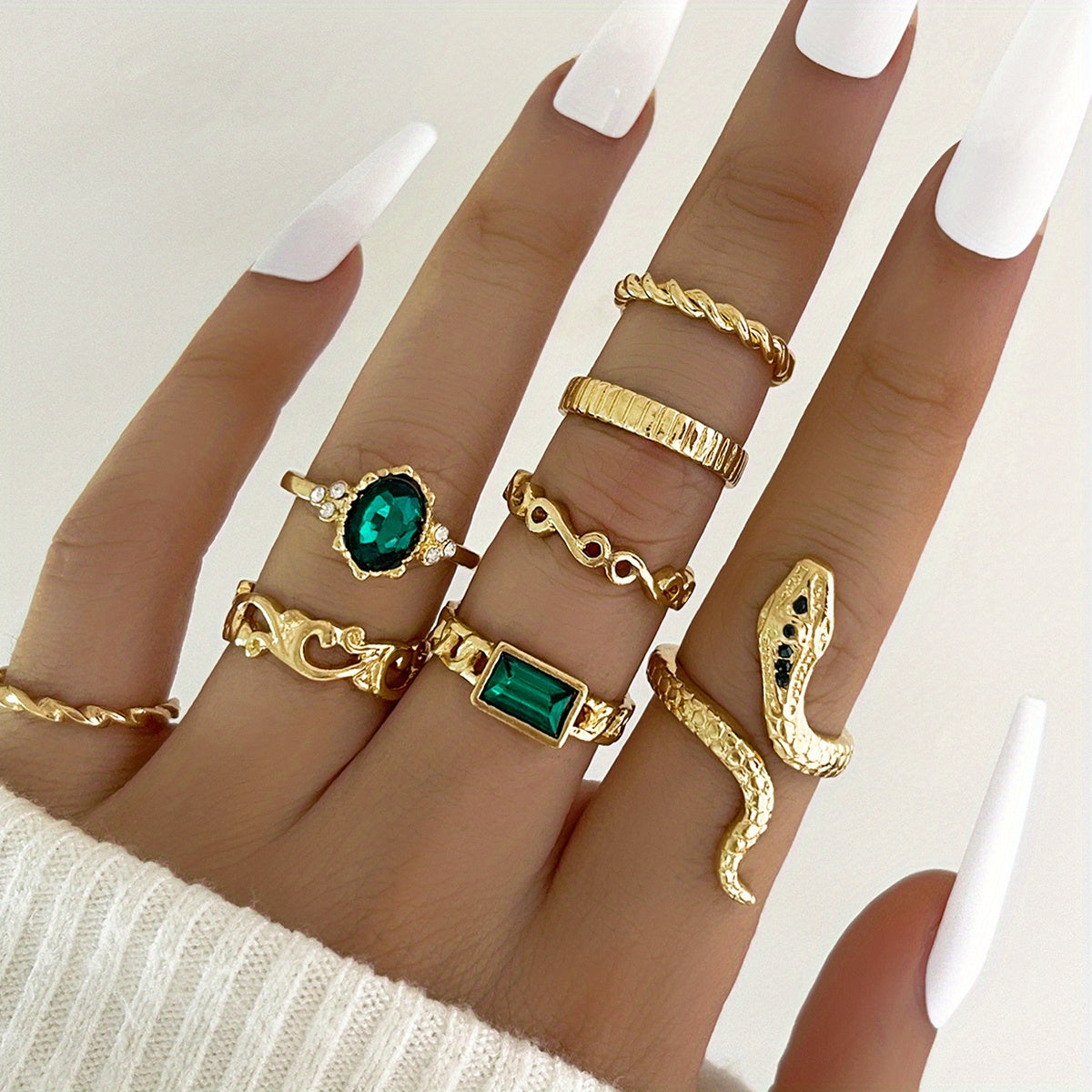 8pcs Vintage Stacking Rings Retro Snake/ Tide/ Geometry Design Inlaid Rhinestone Mix