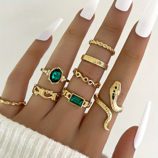 8pcs Vintage Stacking Rings Retro Snake/ Tide/ Geometry Design Inlaid Rhinestone Mix