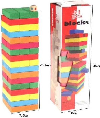 VIO 54 Pieces Wooden Colorful Tumbling Tower Blocks with Dice Stacking Game Building