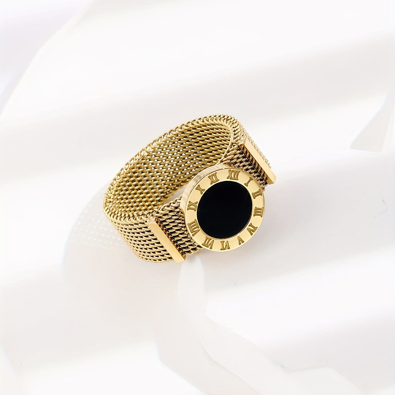 14K Plated Roman Numerals Black Shell Strap Ring For Women Girls Daily Wear