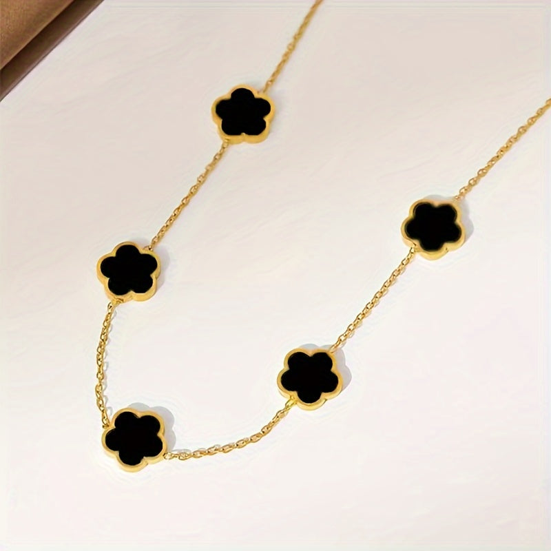 Black Niche Design Five Petals Flower Long Sweater Chain Necklace Autumn And Winter Decor Jewelry Gift