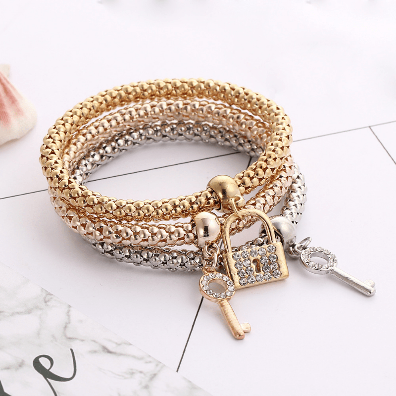 3 Pcs Stackable Bracelet Set With Lock & Key Shape Pendant Stretch Bracelet For Women Jewelry