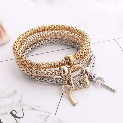 3 Pcs Stackable Bracelet Set With Lock & Key Shape Pendant Stretch Bracelet For Women Jewelry