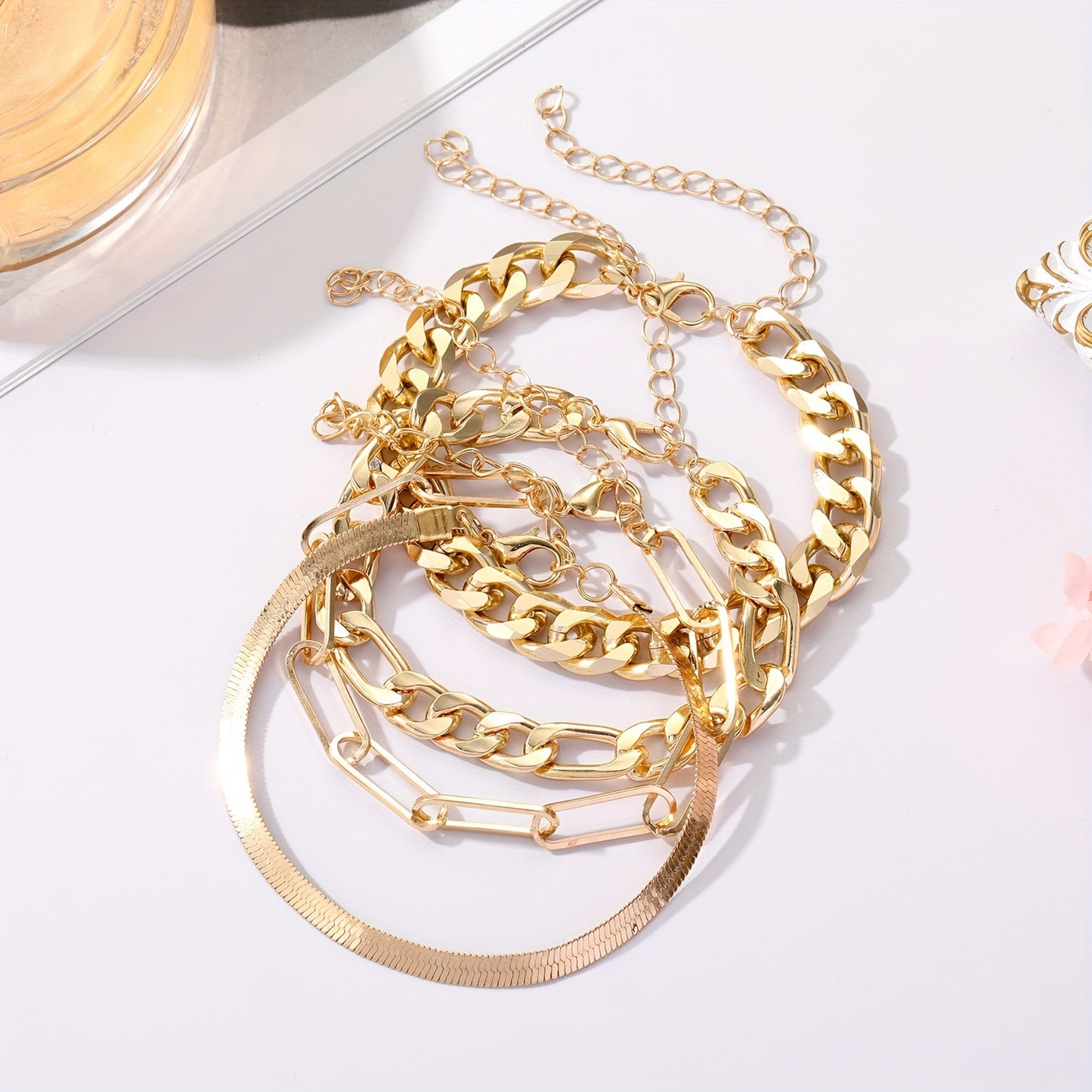 4pcs/set Vintage Simple Cuban Chain Bracelet Golden Classic Snake Chain Bracelet Women's Jewelry