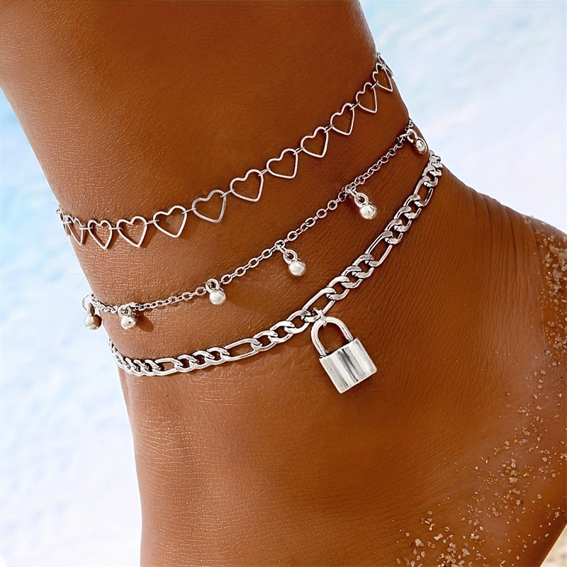 3 Pcs Set Of Exquisite Heart Lock Pendant Anklet Alloy Jewelry Bohemian Elegant Style