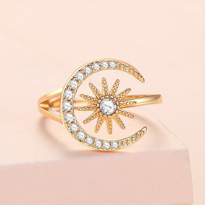 1pc Sun Moon Open Ring Inlaid Shiny Zircon Temperament Unique Finger Ring Jewelry Stylish Accessory Gift