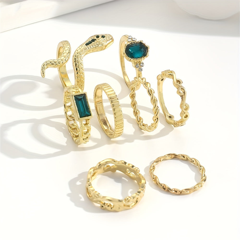 8pcs Vintage Stacking Rings Retro Snake/ Tide/ Geometry Design Inlaid Rhinestone Mix