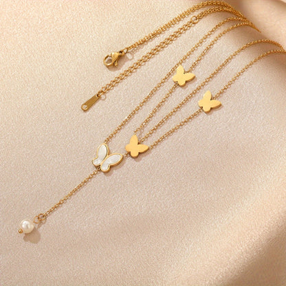 1pc Trendy Stainless Steel Double-layered Butterfly Pendant Necklace