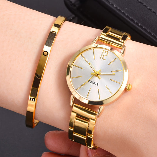1pc Golden Quartz Watch & 1pc Love Bangle Set Gift, Casual Entertainment Wrist Watch Set