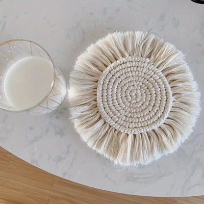 1Pc Round Cotton Braid Coaster Tassel Placemat Handmade Macrame Cup Cushion