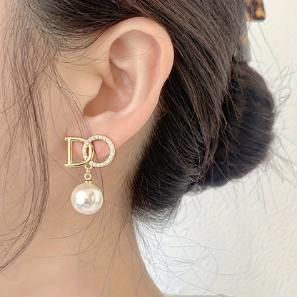 Imitation Pearl Pendant Letter Stud Earrings Rhinestone Inlaid Alloy Hypoallergenic Ear