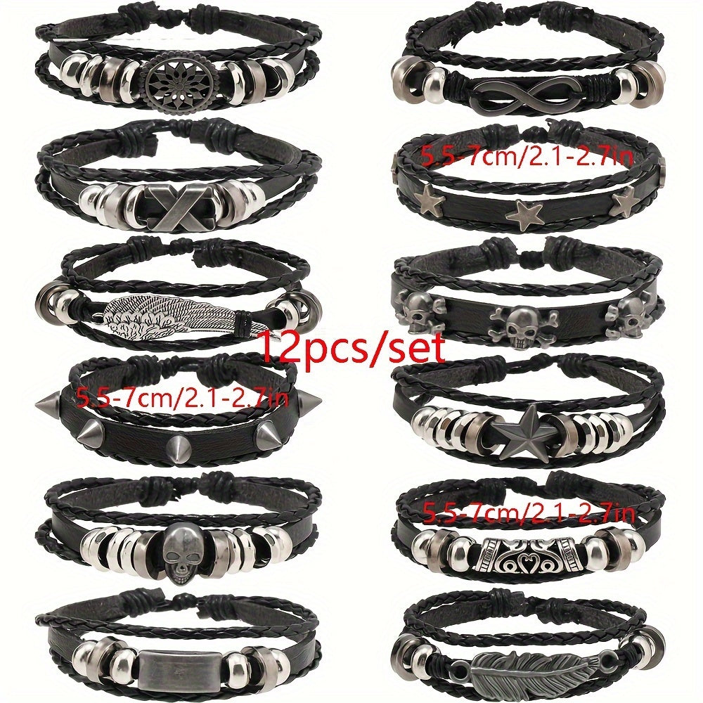 12pcs/set Punk Multi-layer Woven Bracelet, Black Alloy Pu Men's Leather Jewelry