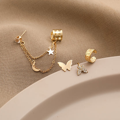 4pcs Star Moon Butterfly Ear Cuffs Set Trendy Golden Tassel Rhinestone Ear Clips Golden Stainless Steel Earrings