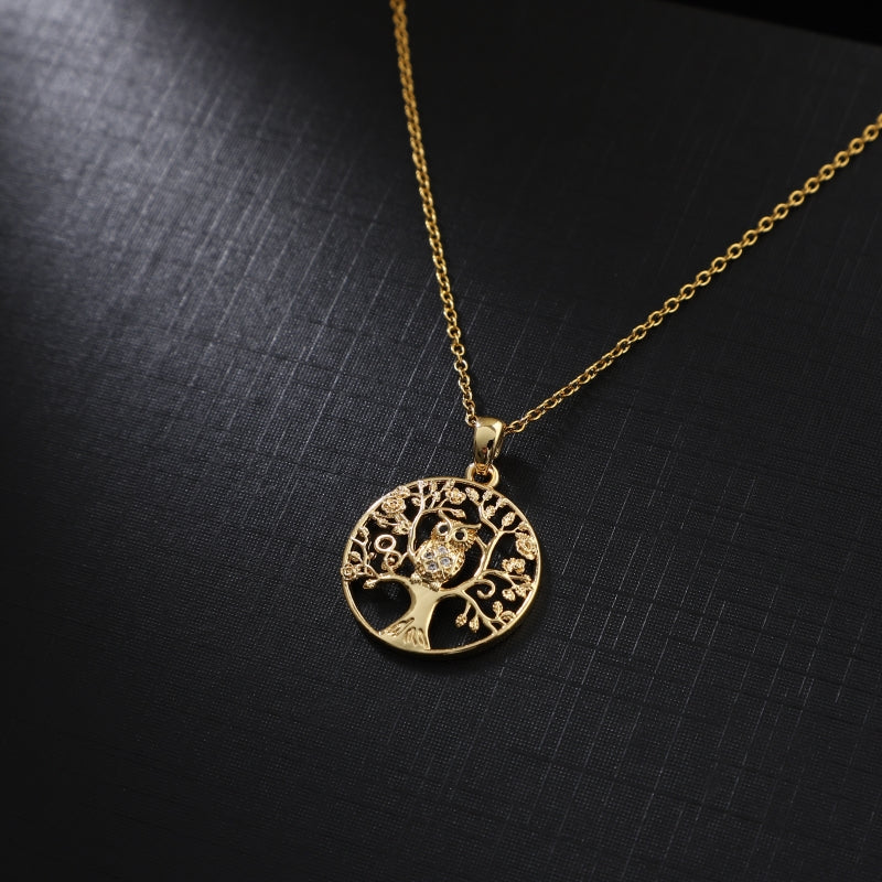 Delicate Hollow Animals Owl Tree Golden Round Pendant Necklace Jewelry