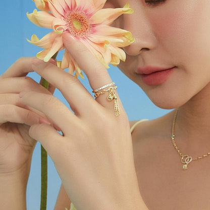 Bohemian Tassel Geometric Open Ring, Vintage Style Adjustable Finger Jewelry, Chinese-Inspired Sash Ball Dangle Ring For Women