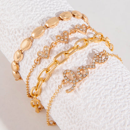 4pcs Chic Bracelets Trendy Chain, Love, Heart Design Paved Shining Stone