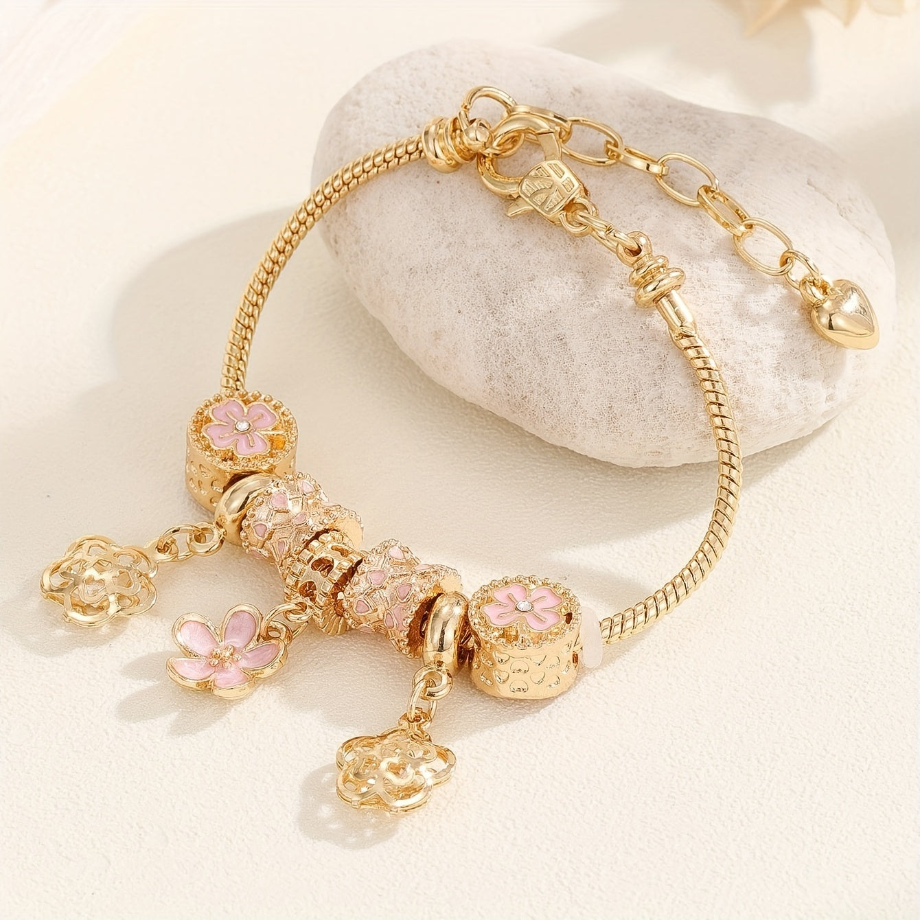 Pink Flower Pendant Bangle Bracelet Elegant Versatile Copper Hand Chain Jewelry