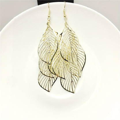 Multi-layer Hollow Leaf Pendant Golden Dangle Earrings Retro Boho Style Alloy Silver Plated Jewelry