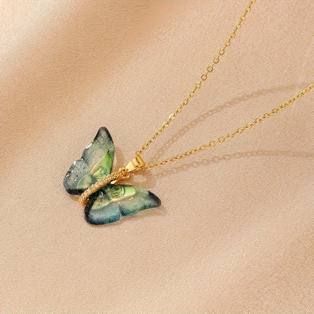 1pc Green Gradient Butterfly Pendant Necklace, Fashion Simple Design Jewelry