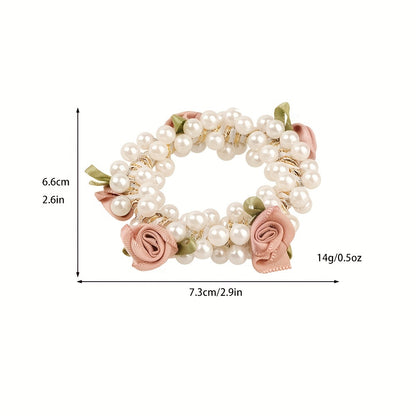 3pcs Faux Pearl Beaded Hair Tie Fabric Rose Leaves Hair Rope Sweet Ponytail Holders Hair Accessories For Women Girls
