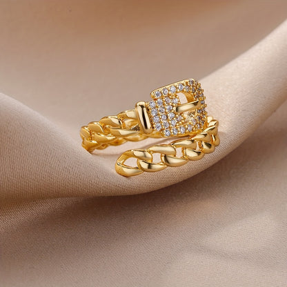Luxurious Belt Ring Plated Inlaid Zircons Interlocking Ring Table Adjustable Cuff Ring