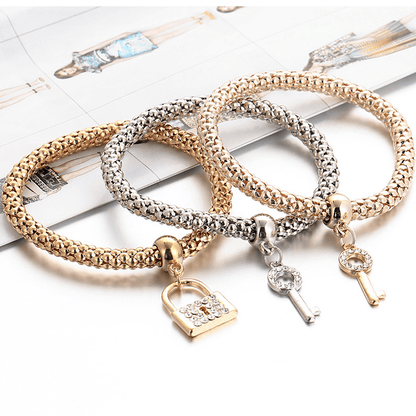 3 Pcs Stackable Bracelet Set With Lock & Key Shape Pendant Stretch Bracelet For Women Jewelry