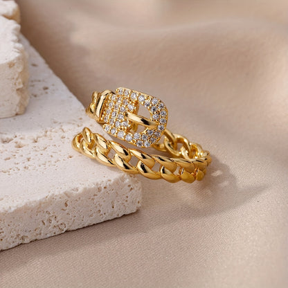 Luxurious Belt Ring Plated Inlaid Zircons Interlocking Ring Table Adjustable Cuff Ring