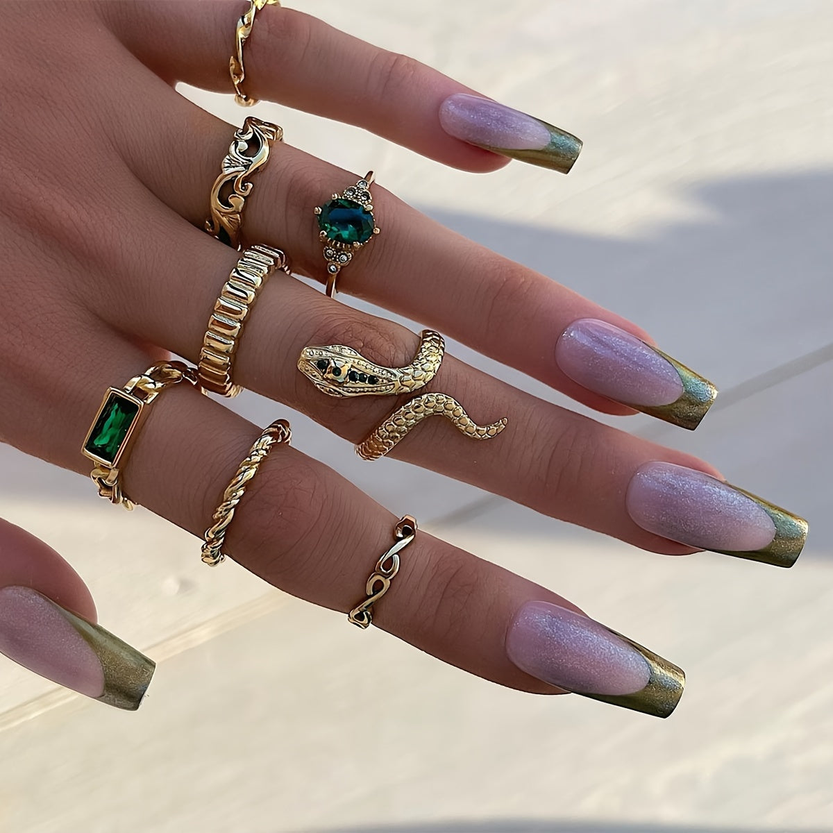 8pcs Vintage Stacking Rings Retro Snake/ Tide/ Geometry Design Inlaid Rhinestone Mix