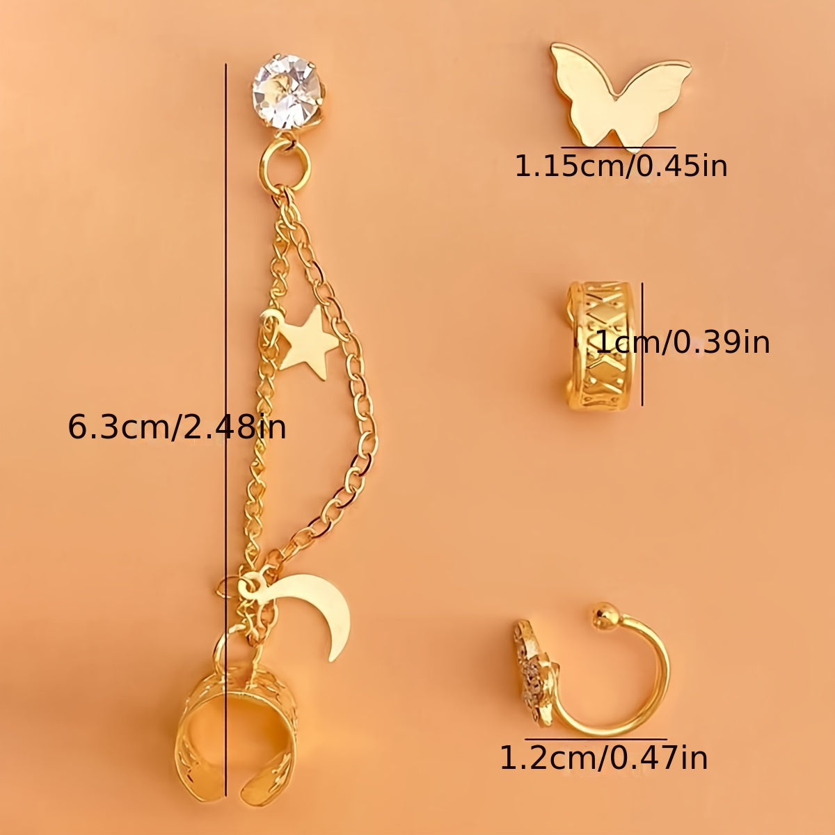 4pcs Star Moon Butterfly Ear Cuffs Set Trendy Golden Tassel Rhinestone Ear Clips Golden Stainless Steel Earrings