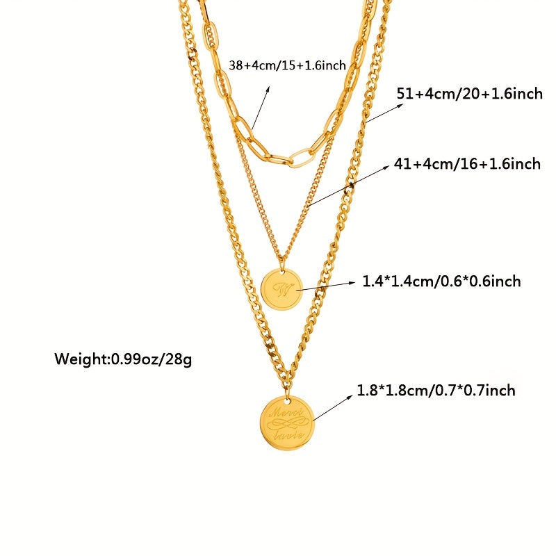 1pc Men's Stainless Steel 3-Layer Circular Letter Pattern Coin Pendant Necklace