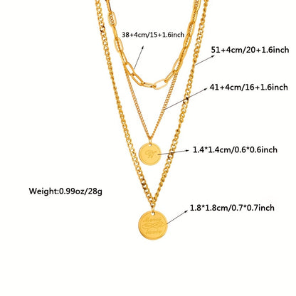 1pc Men's Stainless Steel 3-Layer Circular Letter Pattern Coin Pendant Necklace